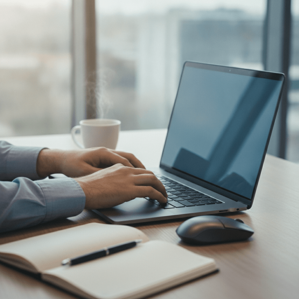 Professionnel utilisant un PC portable 15 pouces au bureau illustrant l'usage polyvalent en environnement de travail